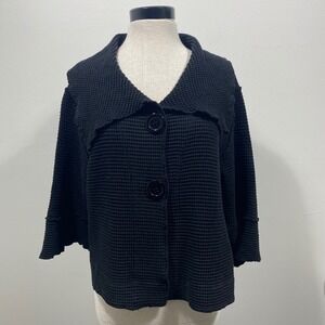 Focus Casual Lifestyle Lightweight Black Waffle Knit‎ 3/4 Sleeve Button Cardigan